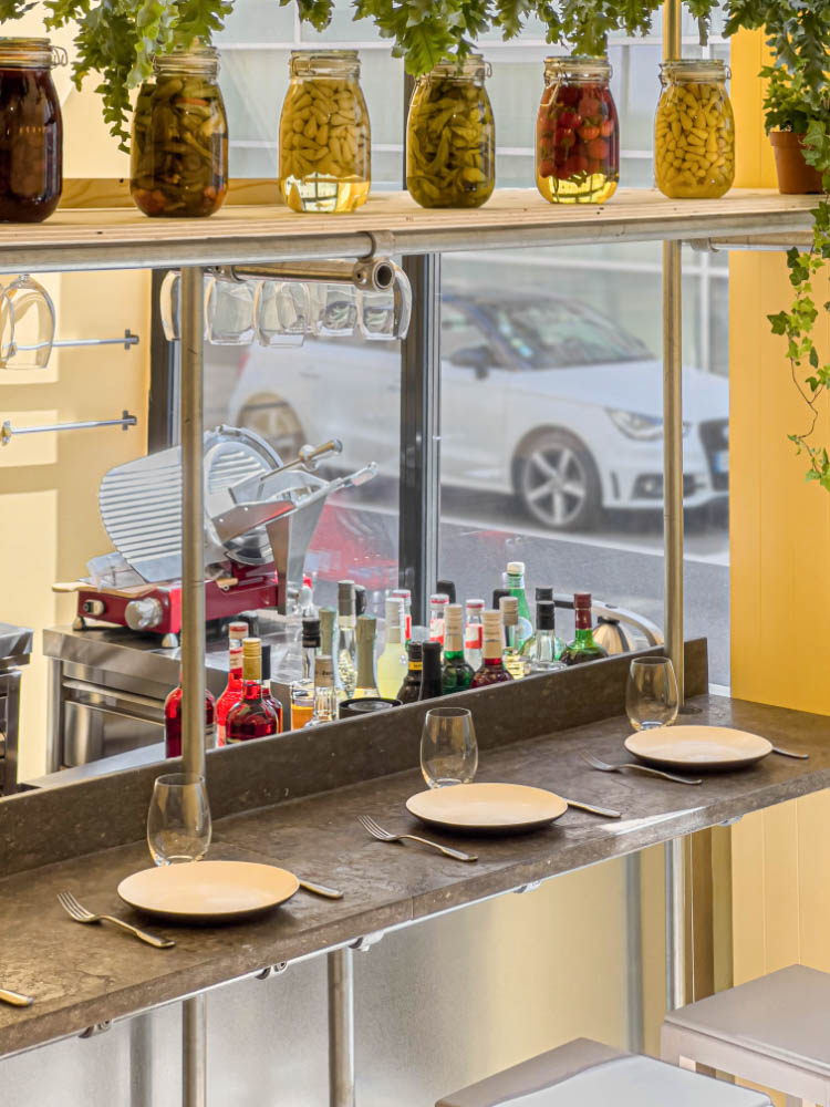 ntimate bar counter in a low-budget restaurant.