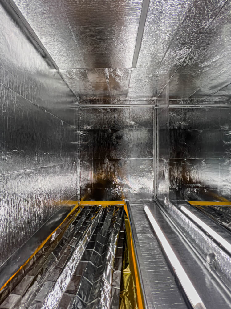 Metallic details in a low-budget restaurant's interior.