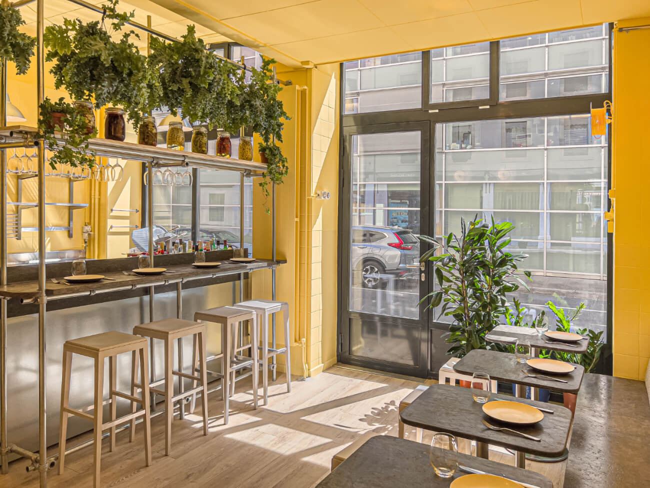 Table design in a low-budget restaurant.