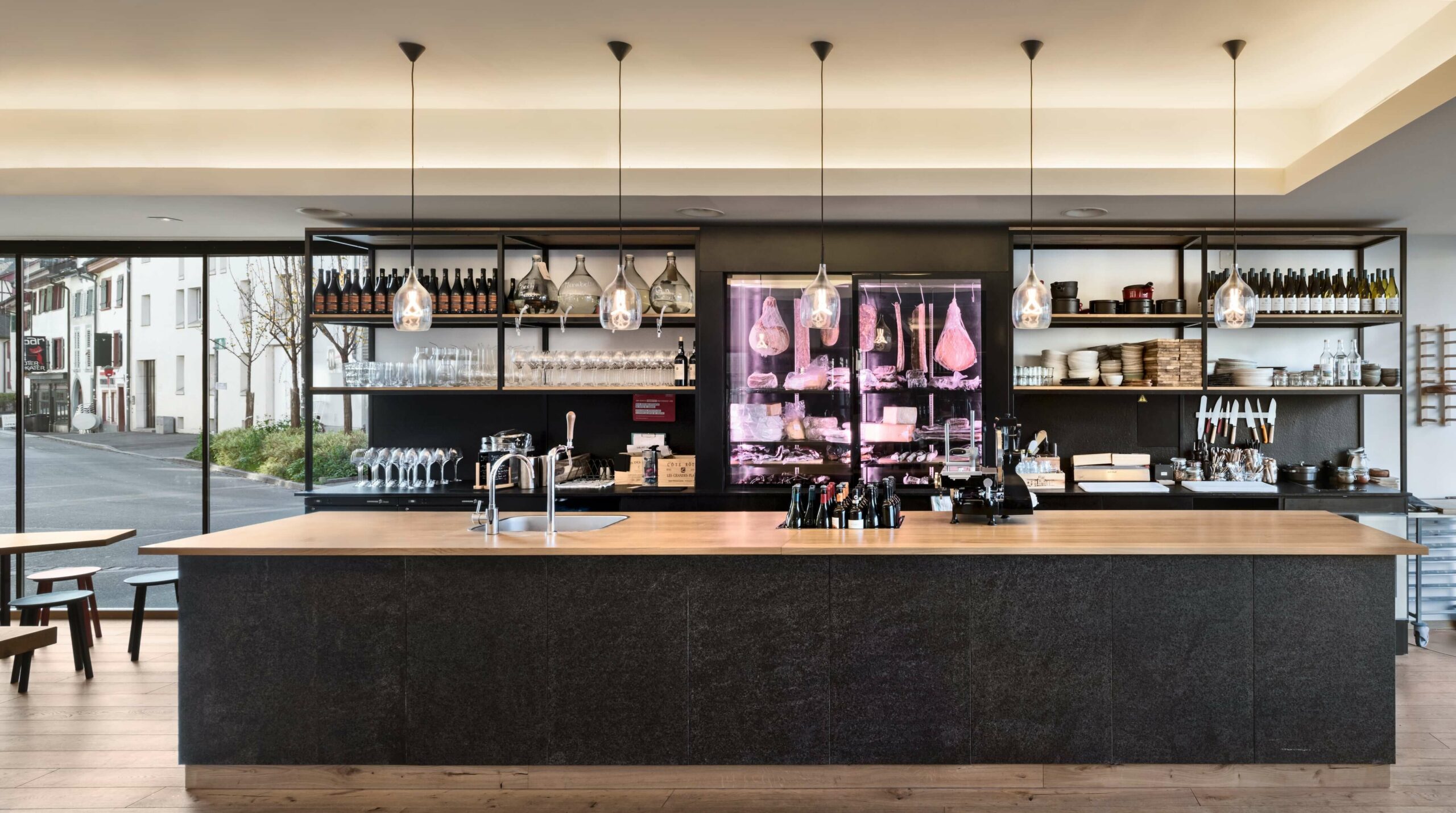 Design stone bar counter and metallic shelves.