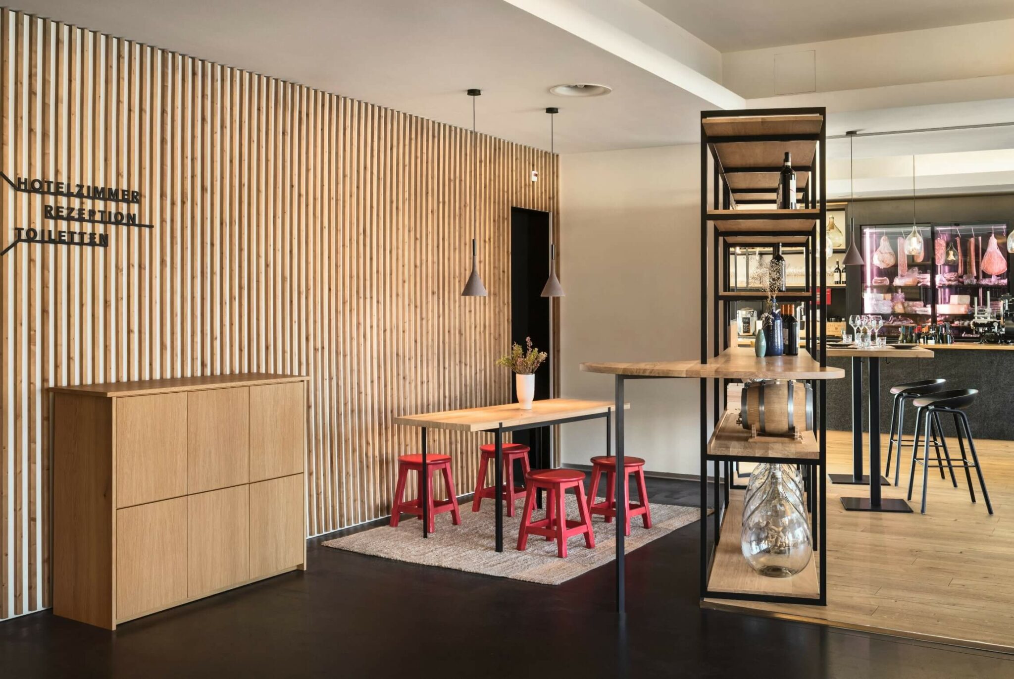 Elegant oak shelf in the lobby area.