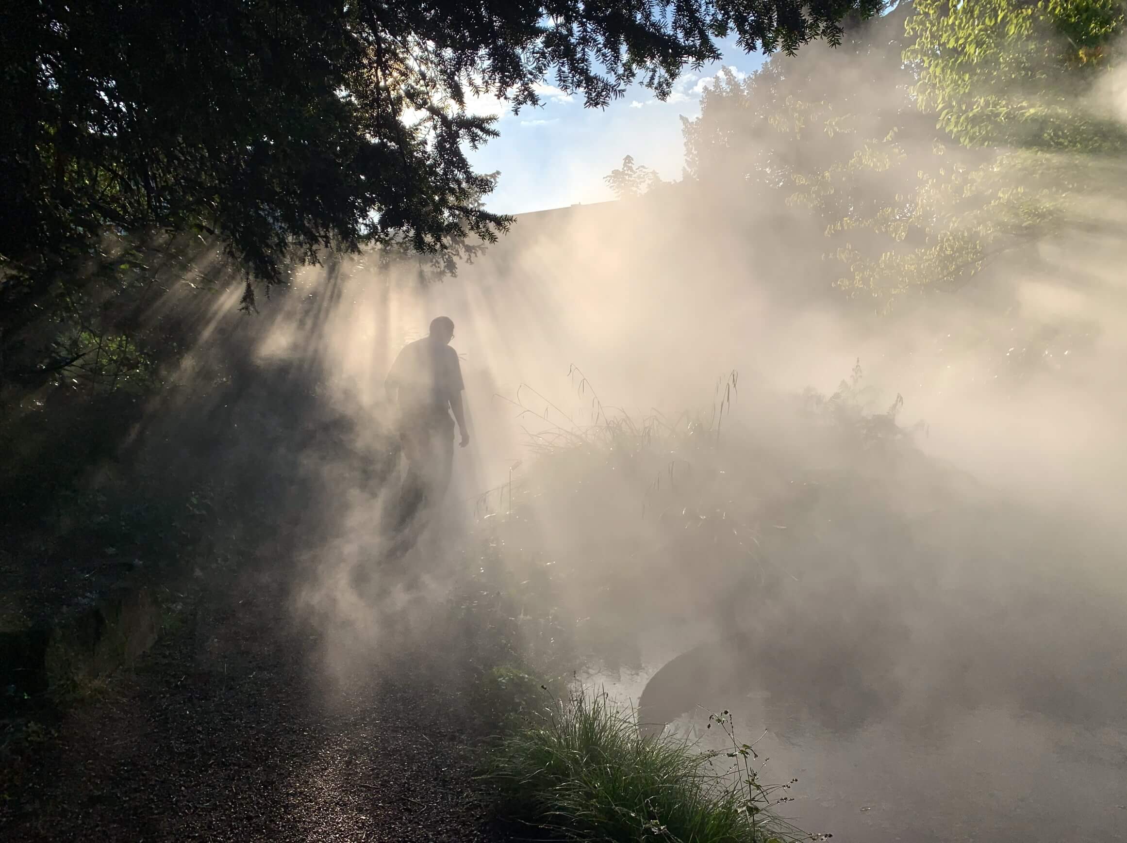 Adaptive shape in Zurich's cloud mist architecture installation.