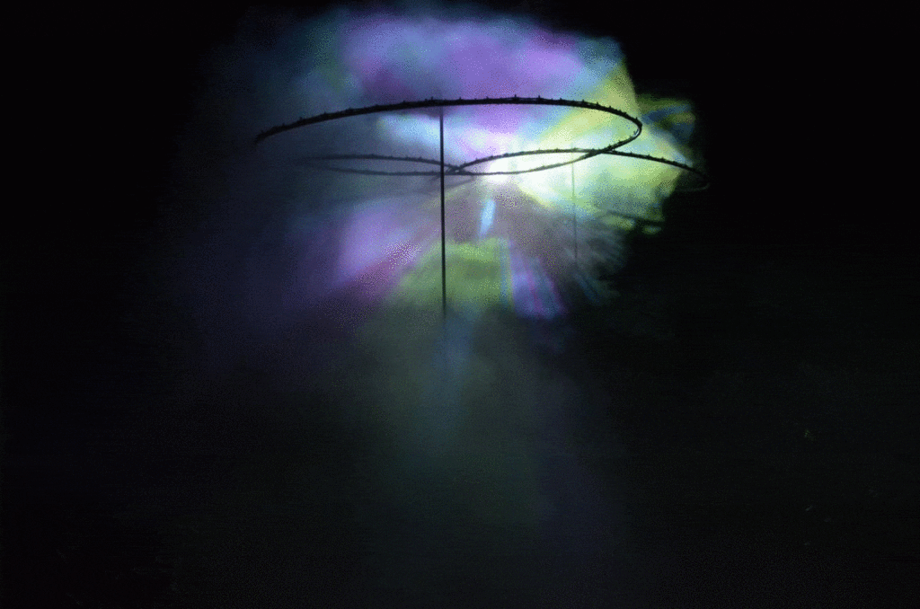 Misty boundary in Zurich's cloud mist architecture installation.