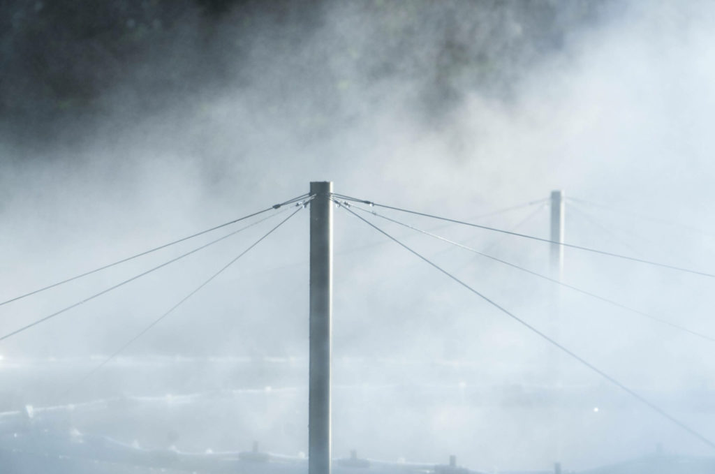 Detailed view of Zurich's cloud mist architecture installation.