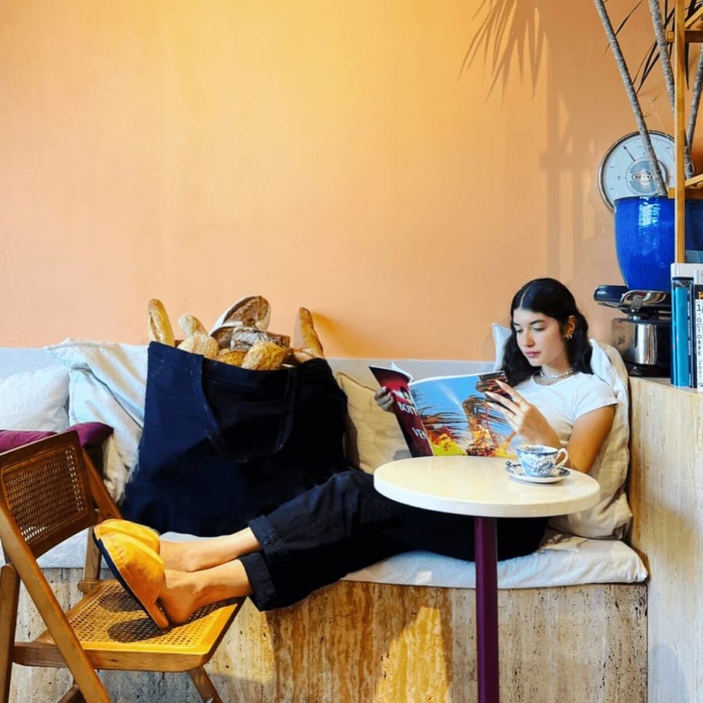 Inviting Bench Seating at Swiss Bakery with Pastel Design