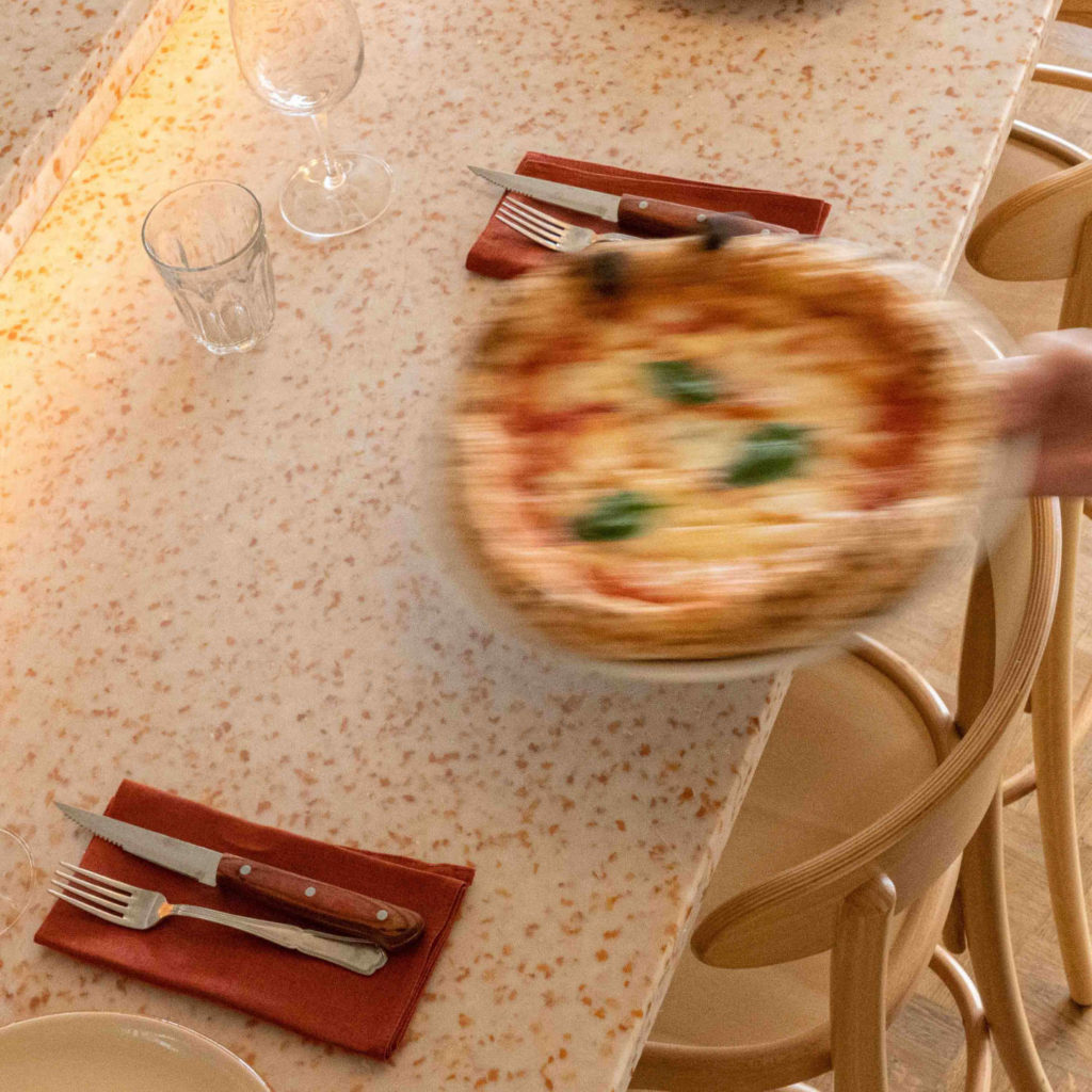 Elegant counter-top design in the pizzeria restaurant.
